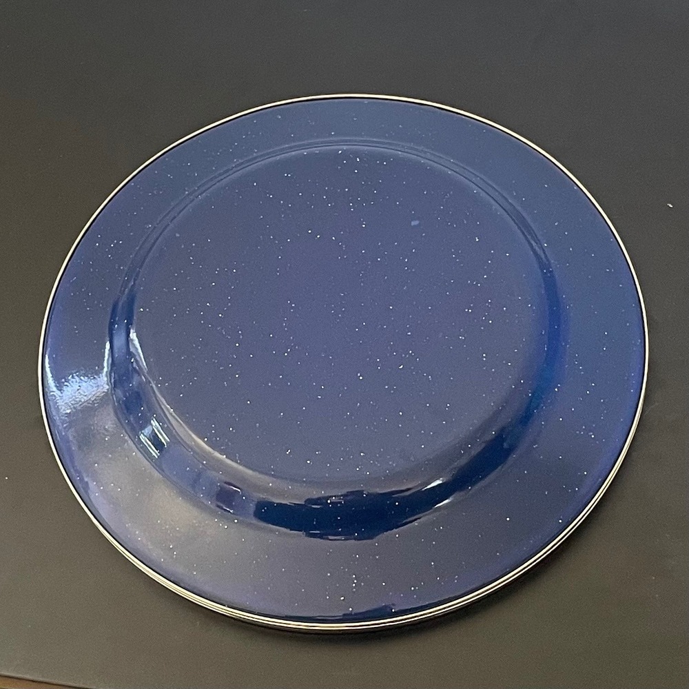 Set of 4 Blue Speckled Enamelware Metal Camping Dinner Plates 10" - Picture 2 of 5